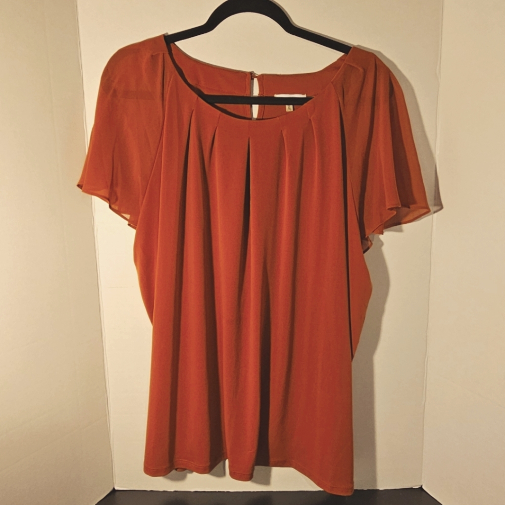 Crew Neckline Short Chiffon Flutter Sleeve Blouse Pumpkin Size 2X